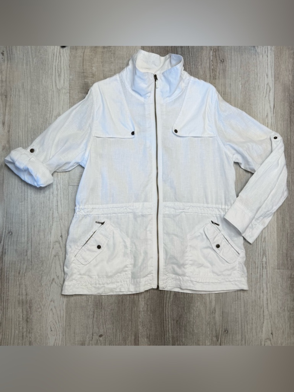 Tommy Bahama Women's White Linen Utility Jacket Roll Tab Sleeves Size L